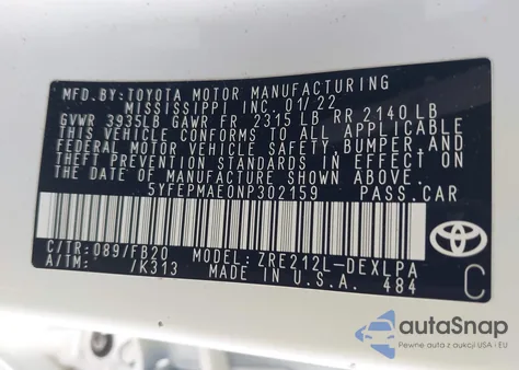 2022 Toyota Corolla Le from USA, damaged, VIN 5YFEPMAE0NP302159